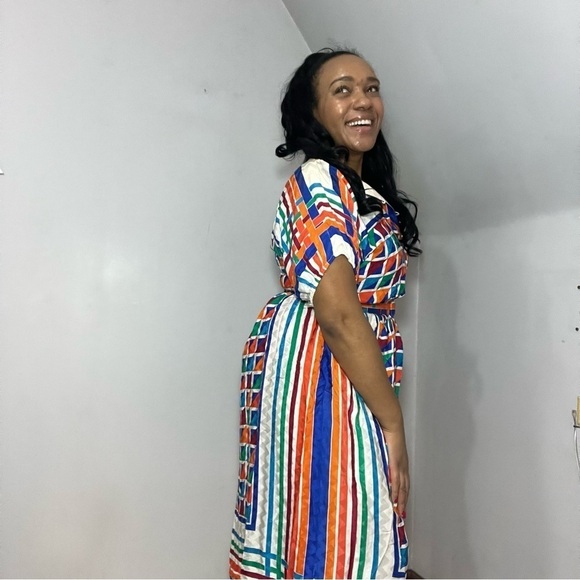 Vintage silk colorful A-line midi dress retro chic 80s twee bold graphic mod - Picture 12 of 15